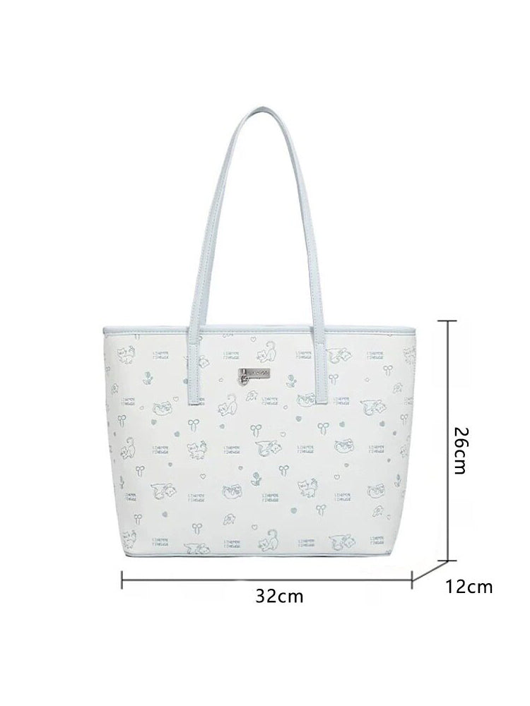 Cute Cat Print Faux Leather Tote Bag