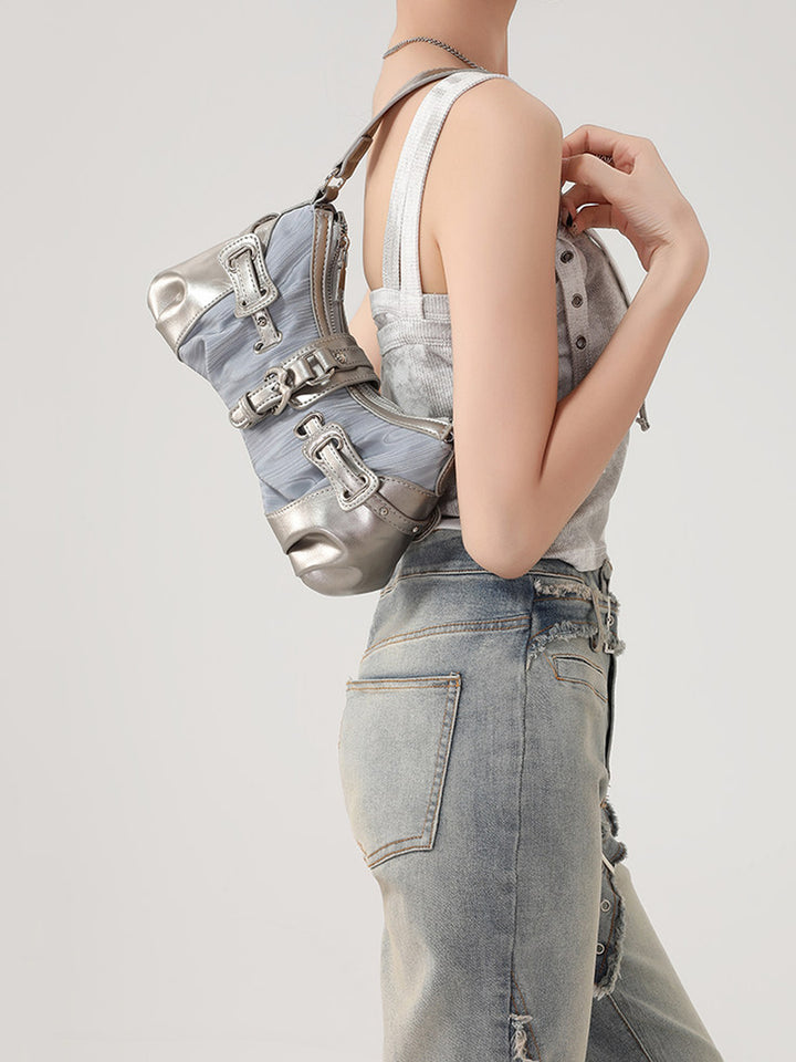 Y2K Ruched Buckle Baguette Shoulder Bag