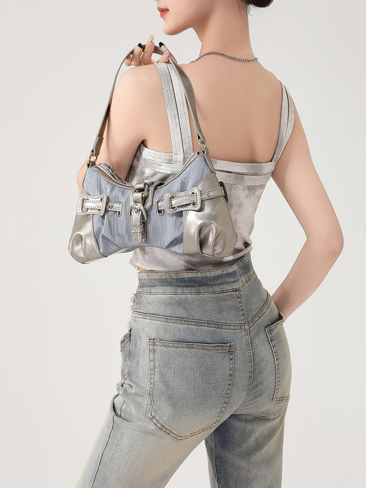 Y2K Ruched Buckle Baguette Shoulder Bag