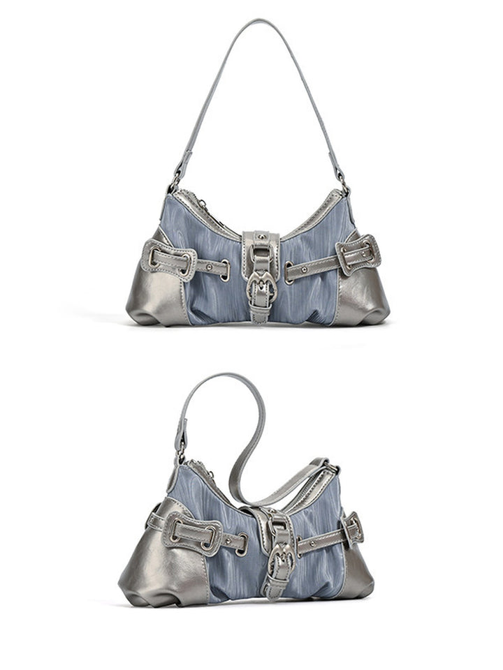 Y2K Ruched Buckle Baguette Shoulder Bag