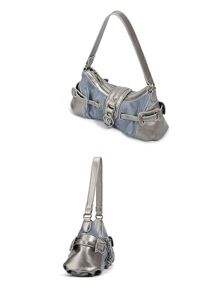 Y2K Ruched Buckle Baguette Shoulder Bag