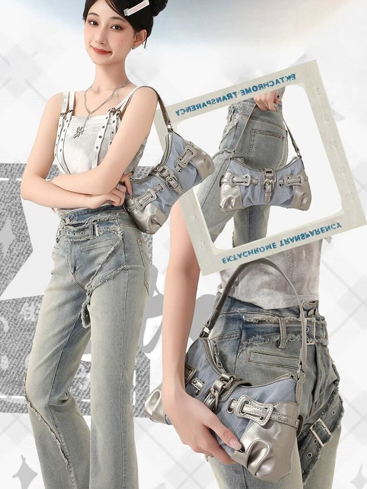 Y2K Ruched Buckle Baguette Shoulder Bag