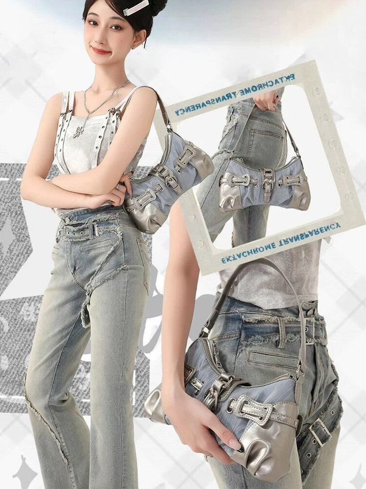 Y2K Ruched Buckle Baguette Shoulder Bag