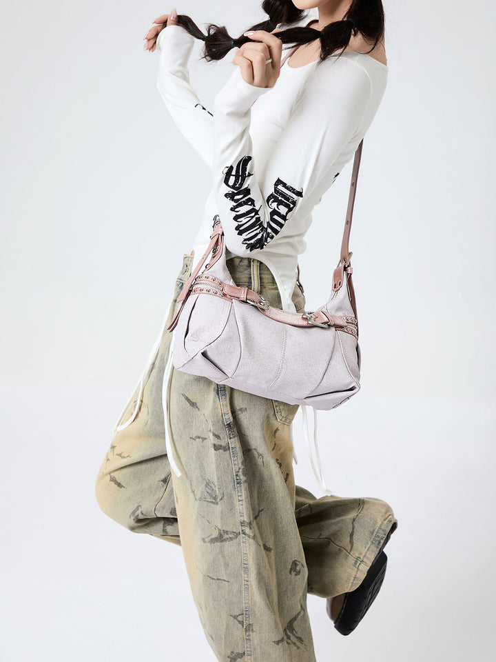 Y2K Studded Buckle Baguette Shoulder Bag
