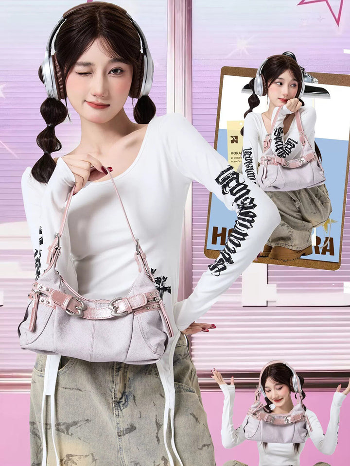 Y2K Studded Buckle Baguette Shoulder Bag