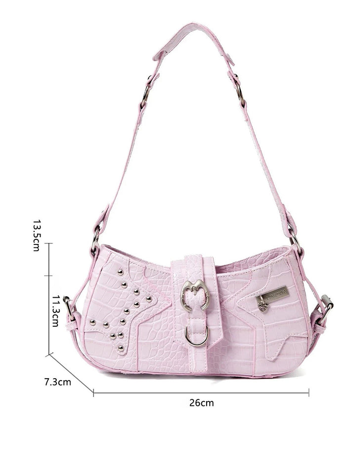 Y2K Croc Embossed Studded Baguette Shoulder Bag