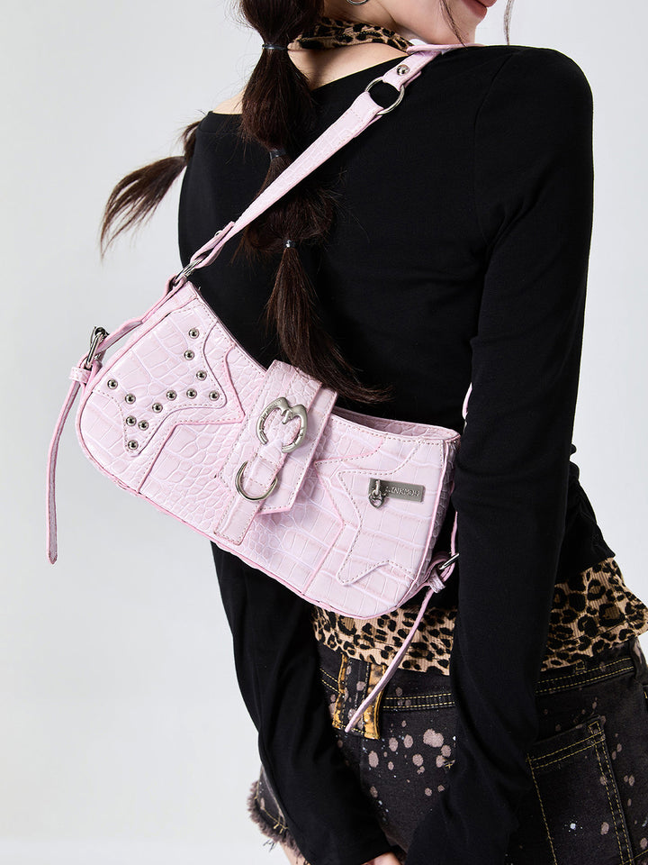 Y2K Croc Embossed Studded Baguette Shoulder Bag
