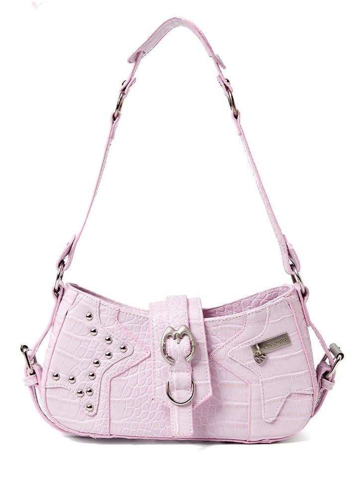 Y2K Croc Embossed Studded Baguette Shoulder Bag