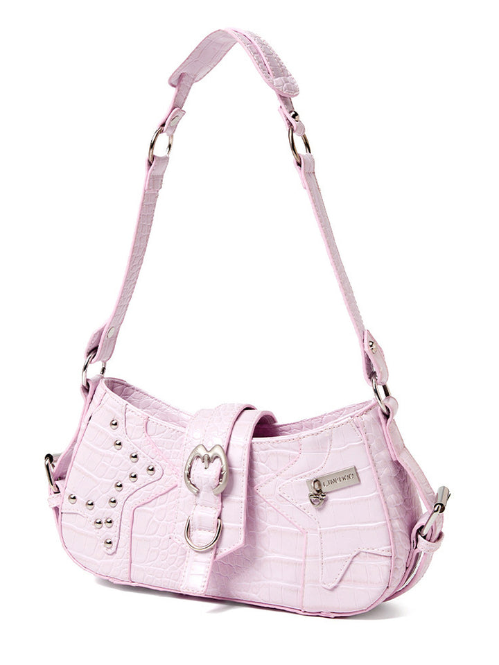 Y2K Croc Embossed Studded Baguette Shoulder Bag