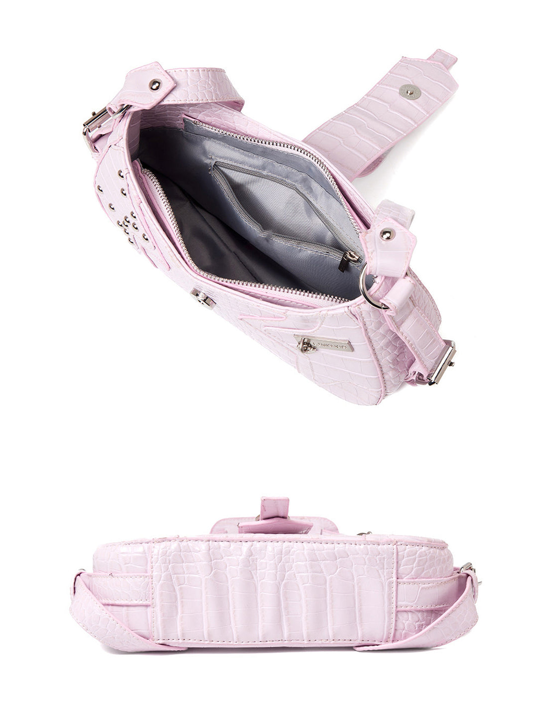 Y2K Croc Embossed Studded Baguette Shoulder Bag