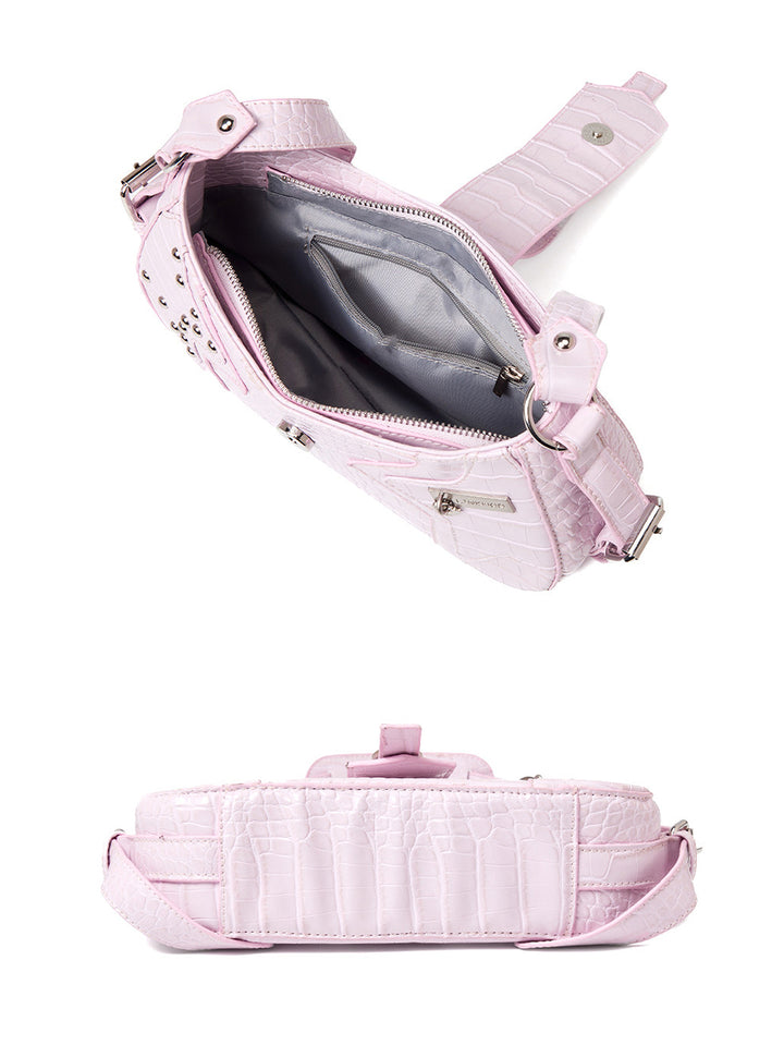 Y2K Croc Embossed Studded Baguette Shoulder Bag