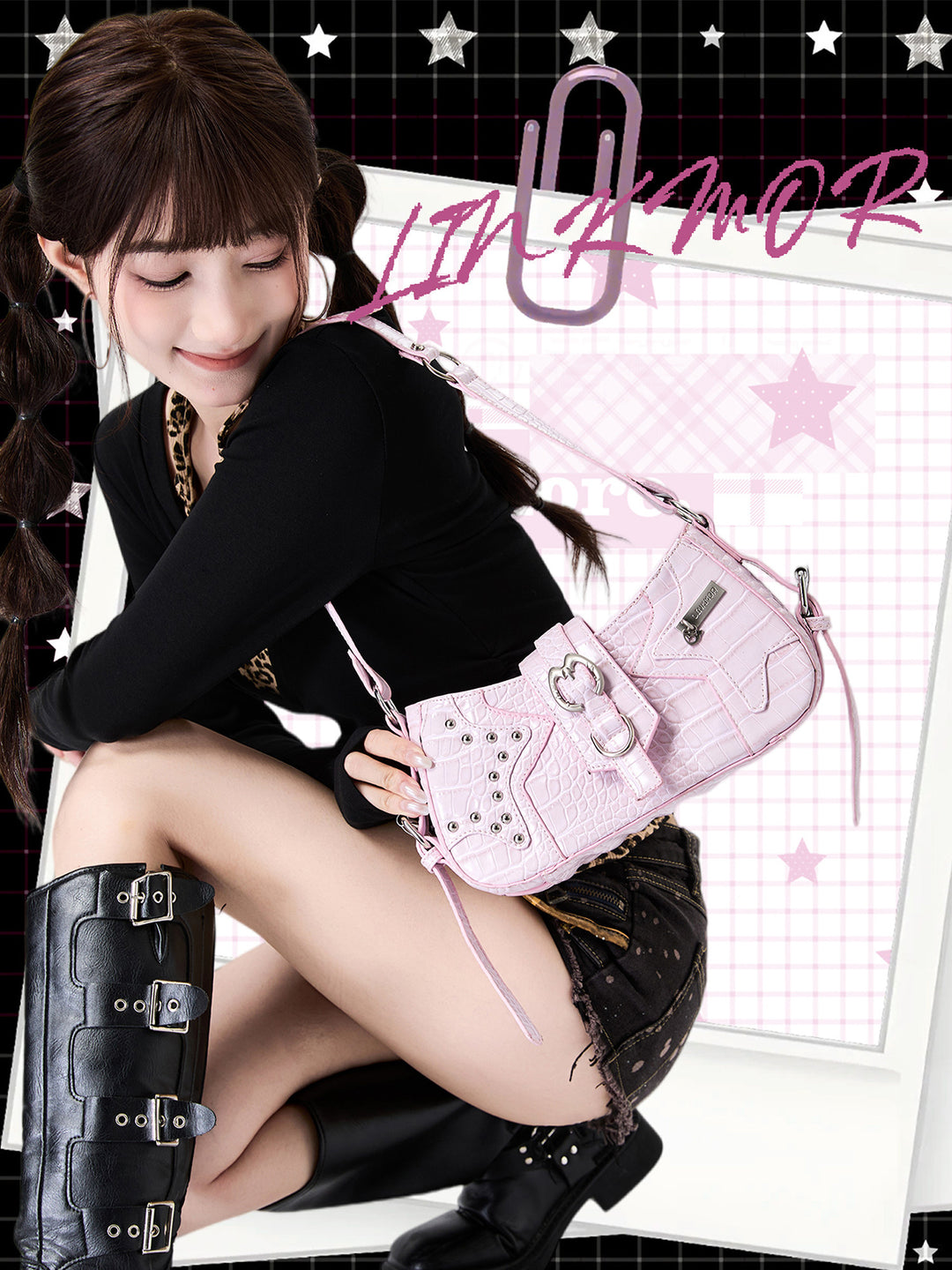 Y2K Croc Embossed Studded Baguette Shoulder Bag