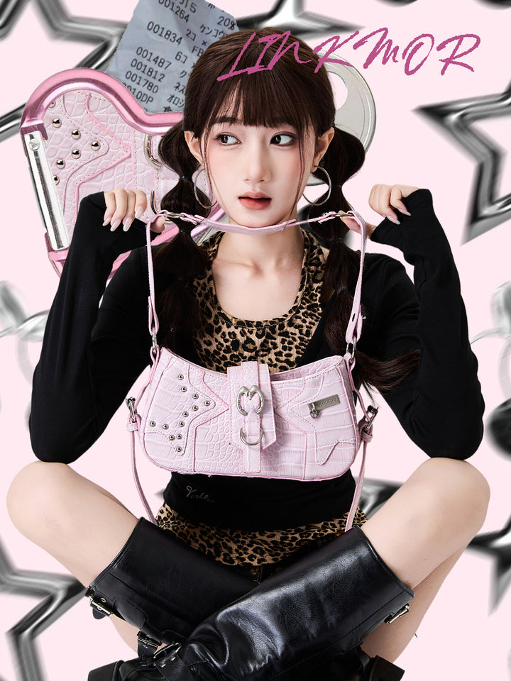 Y2K Croc Embossed Studded Baguette Shoulder Bag