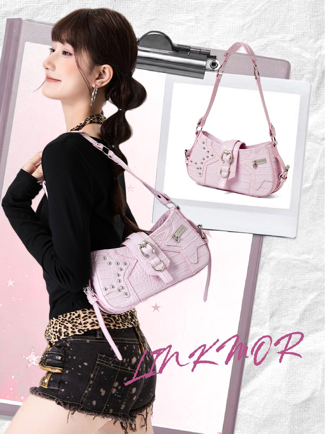 Y2K Croc Embossed Studded Baguette Shoulder Bag