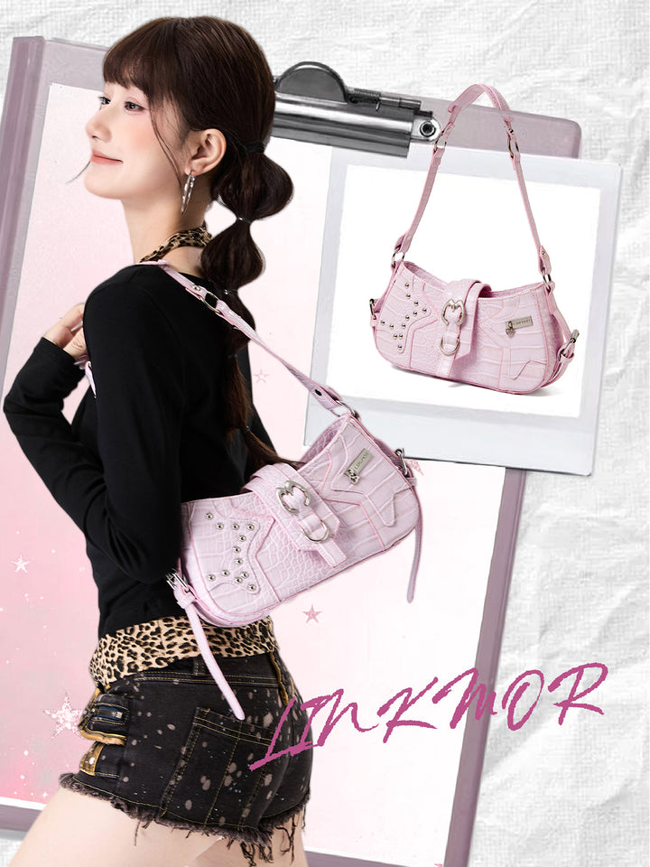 Y2K Croc Embossed Studded Baguette Shoulder Bag