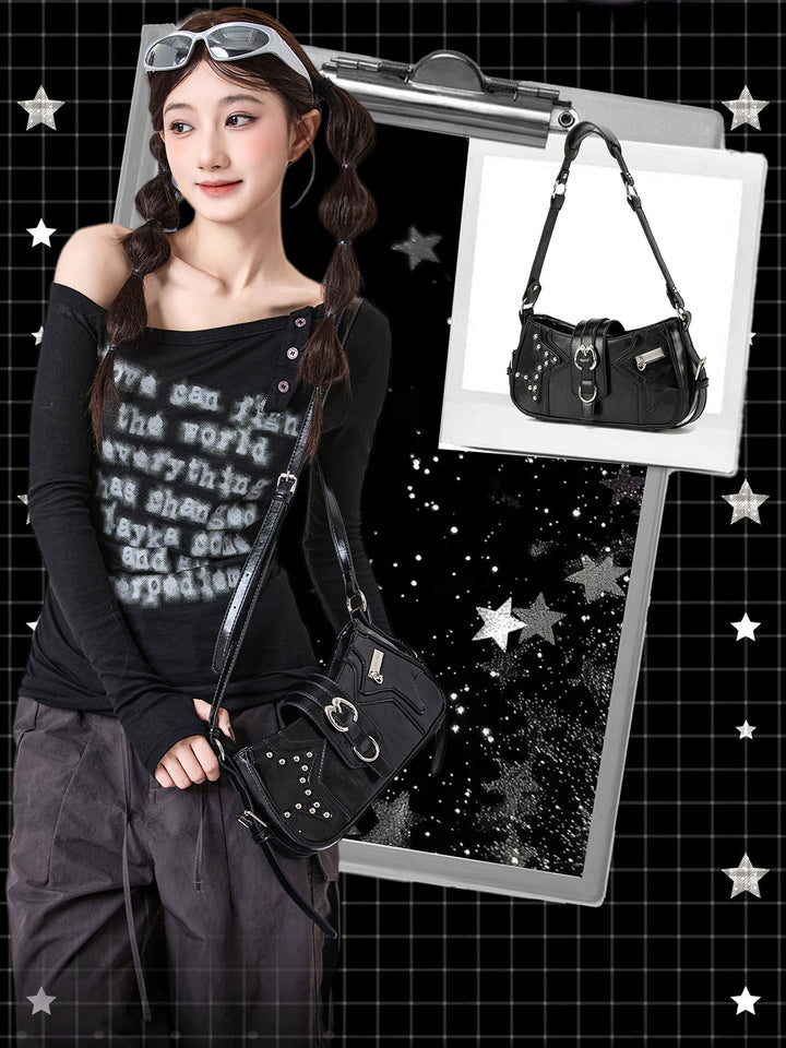 Y2K Studded Star Baguette Shoulder Bag