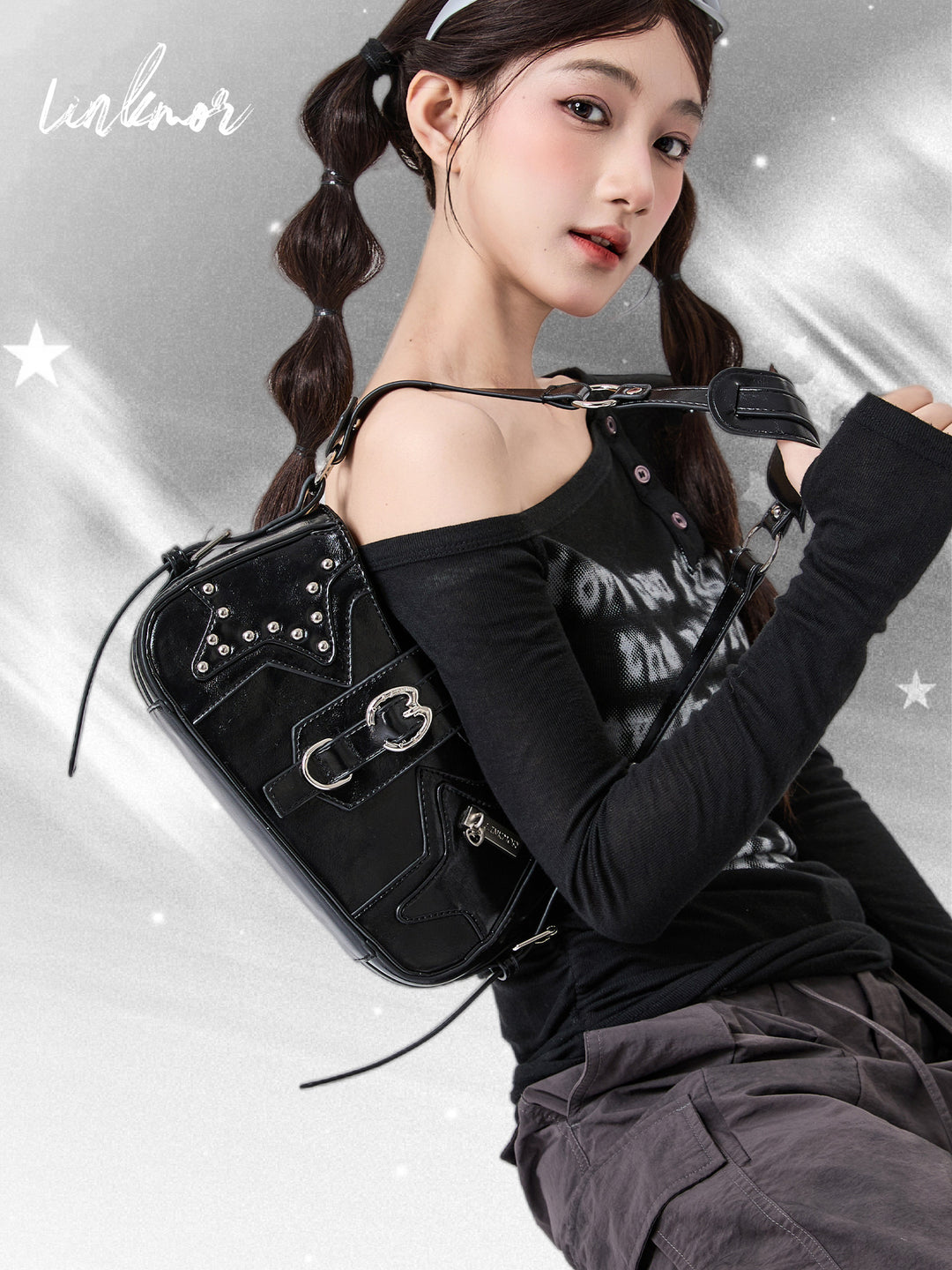Y2K Studded Star Baguette Shoulder Bag