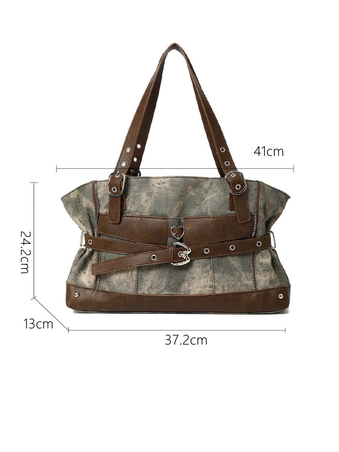 Vintage Washed-Effect Buckle Shoulder Tote Bag