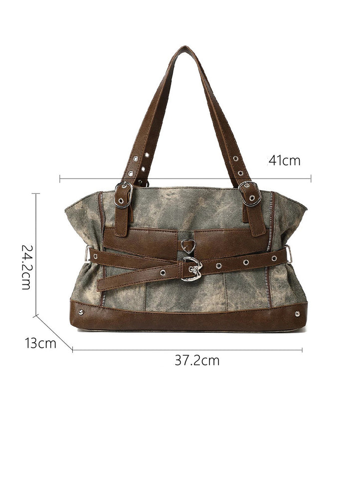 Vintage Washed-Effect Buckle Shoulder Tote Bag