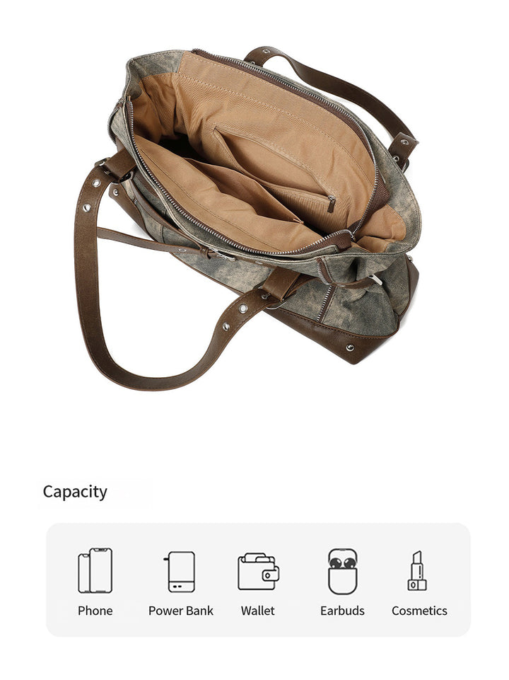 Vintage Washed-Effect Buckle Shoulder Tote Bag