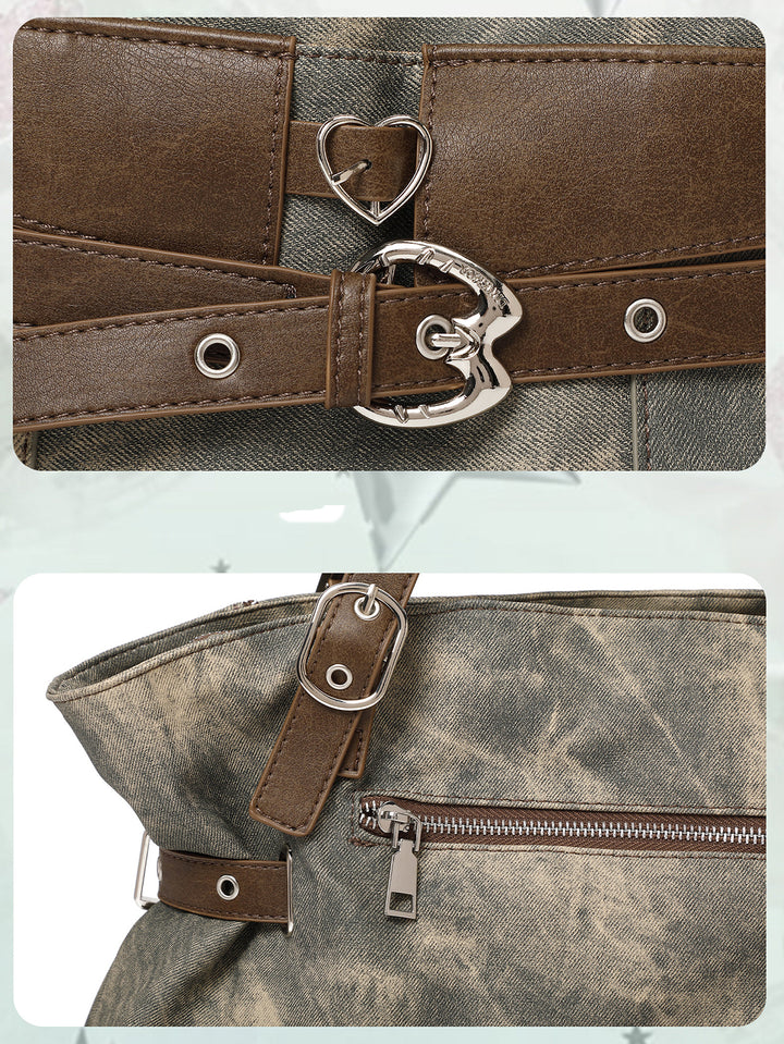 Vintage Washed-Effect Buckle Shoulder Tote Bag