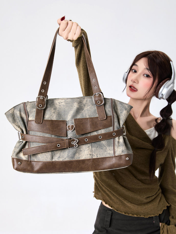Vintage Washed-Effect Buckle Shoulder Tote Bag