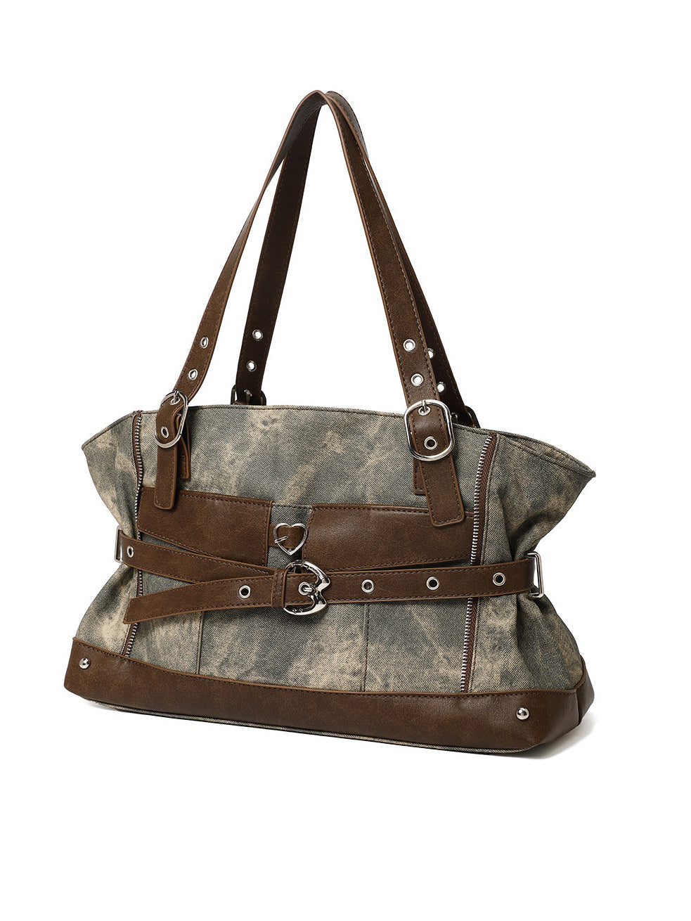 Vintage Washed-Effect Buckle Shoulder Tote Bag