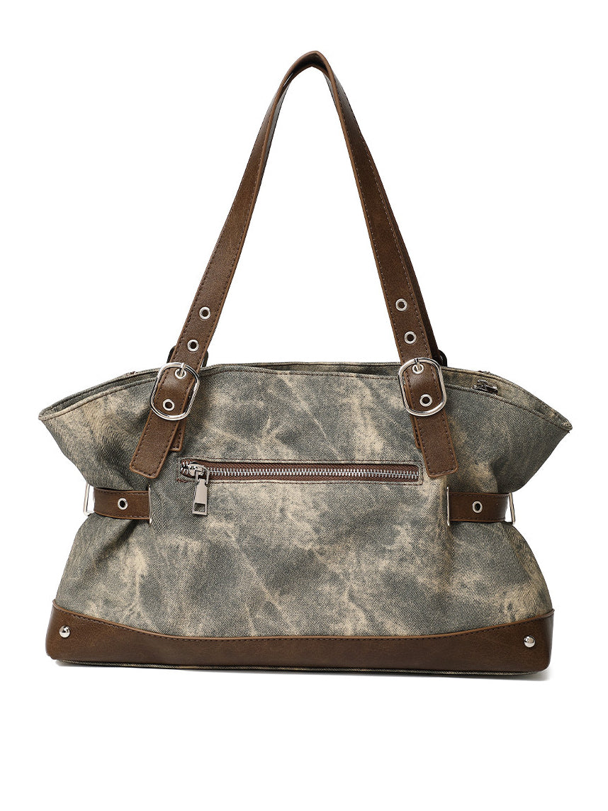 Vintage Washed-Effect Buckle Shoulder Tote Bag