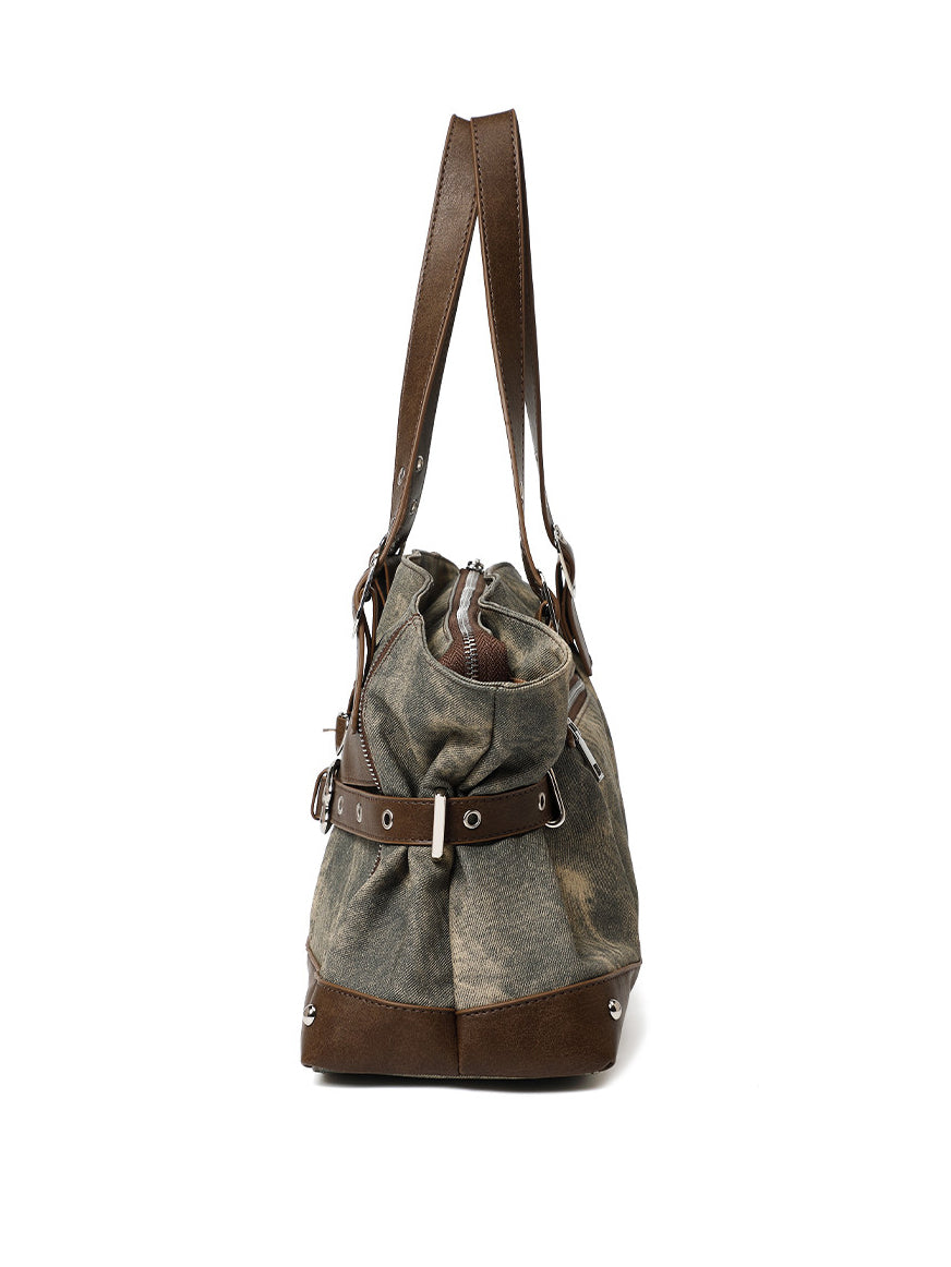Vintage Washed-Effect Buckle Shoulder Tote Bag