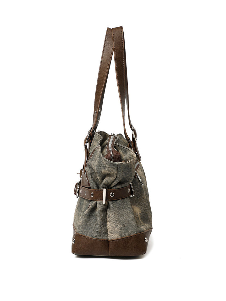 Vintage Washed-Effect Buckle Shoulder Tote Bag
