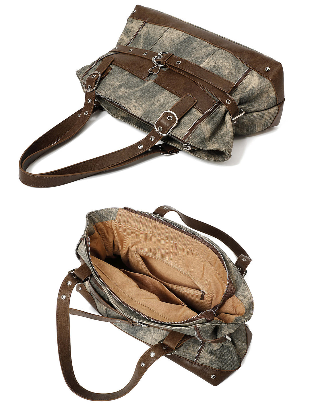 Vintage Washed-Effect Buckle Shoulder Tote Bag
