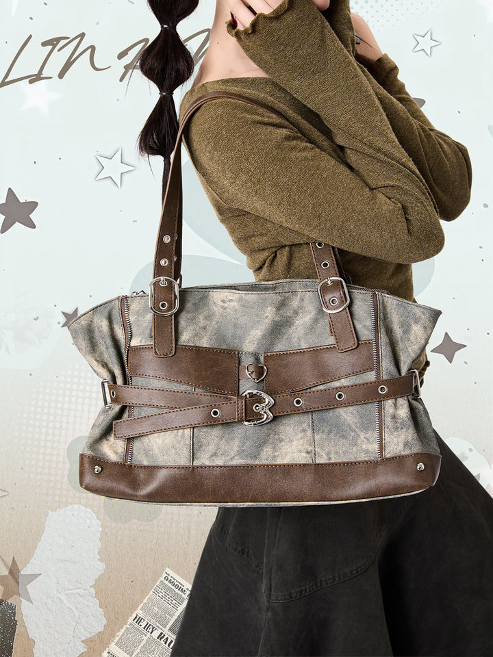 Vintage Washed-Effect Buckle Shoulder Tote Bag