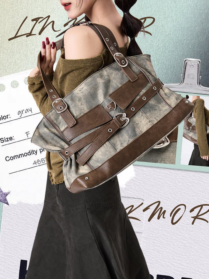 Vintage Washed-Effect Buckle Shoulder Tote Bag