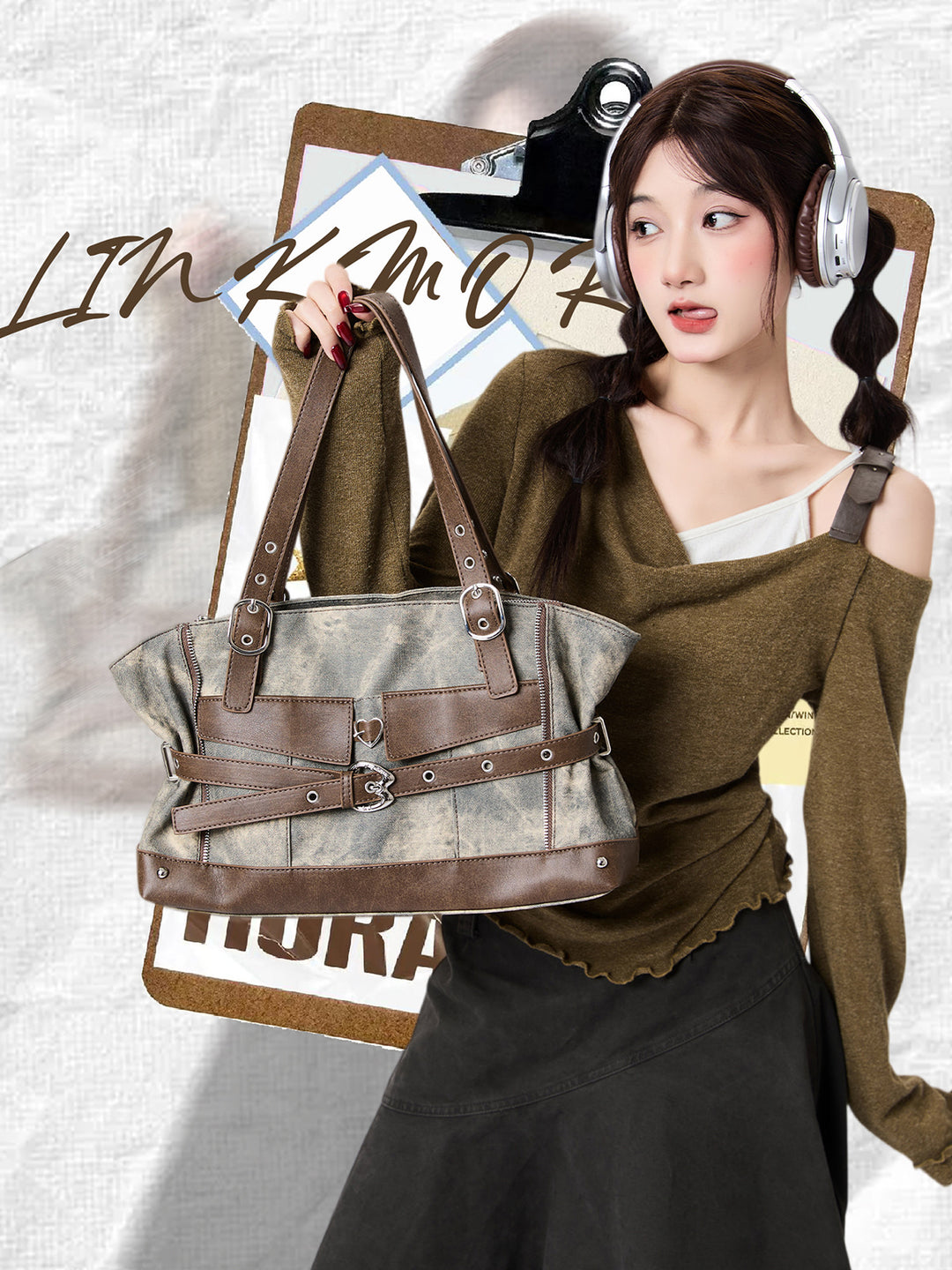 Vintage Washed-Effect Buckle Shoulder Tote Bag