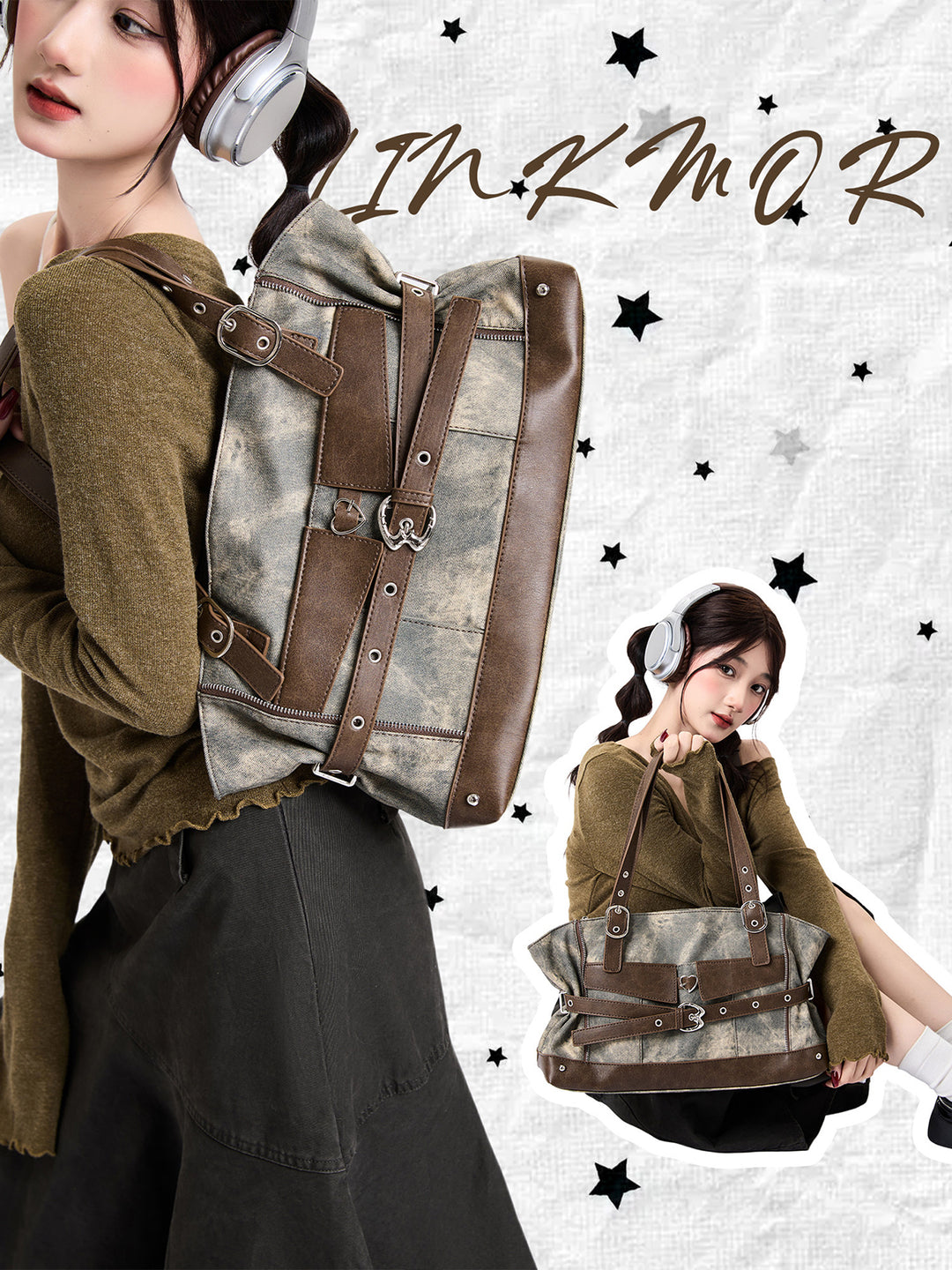 Vintage Washed-Effect Buckle Shoulder Tote Bag