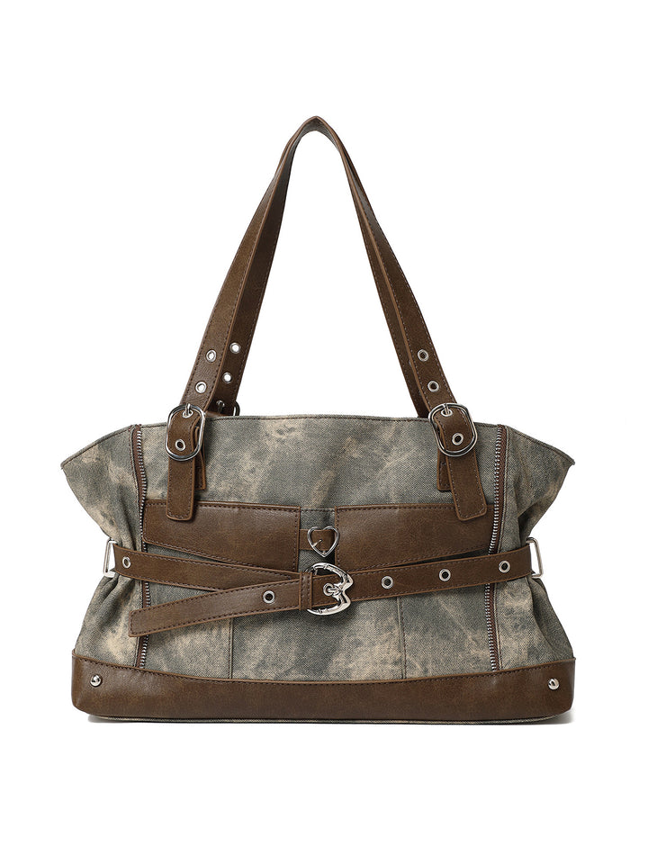 Vintage Washed-Effect Buckle Shoulder Tote Bag