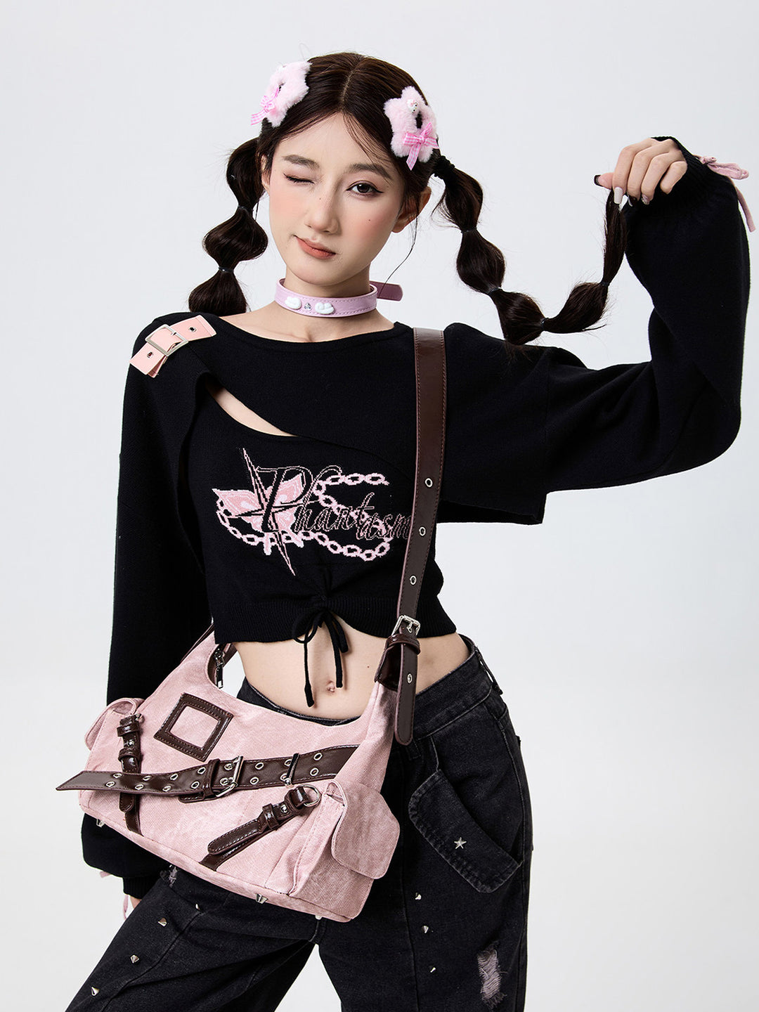 Y2K Washed-Effect Buckle Hobo Shoulder Bag