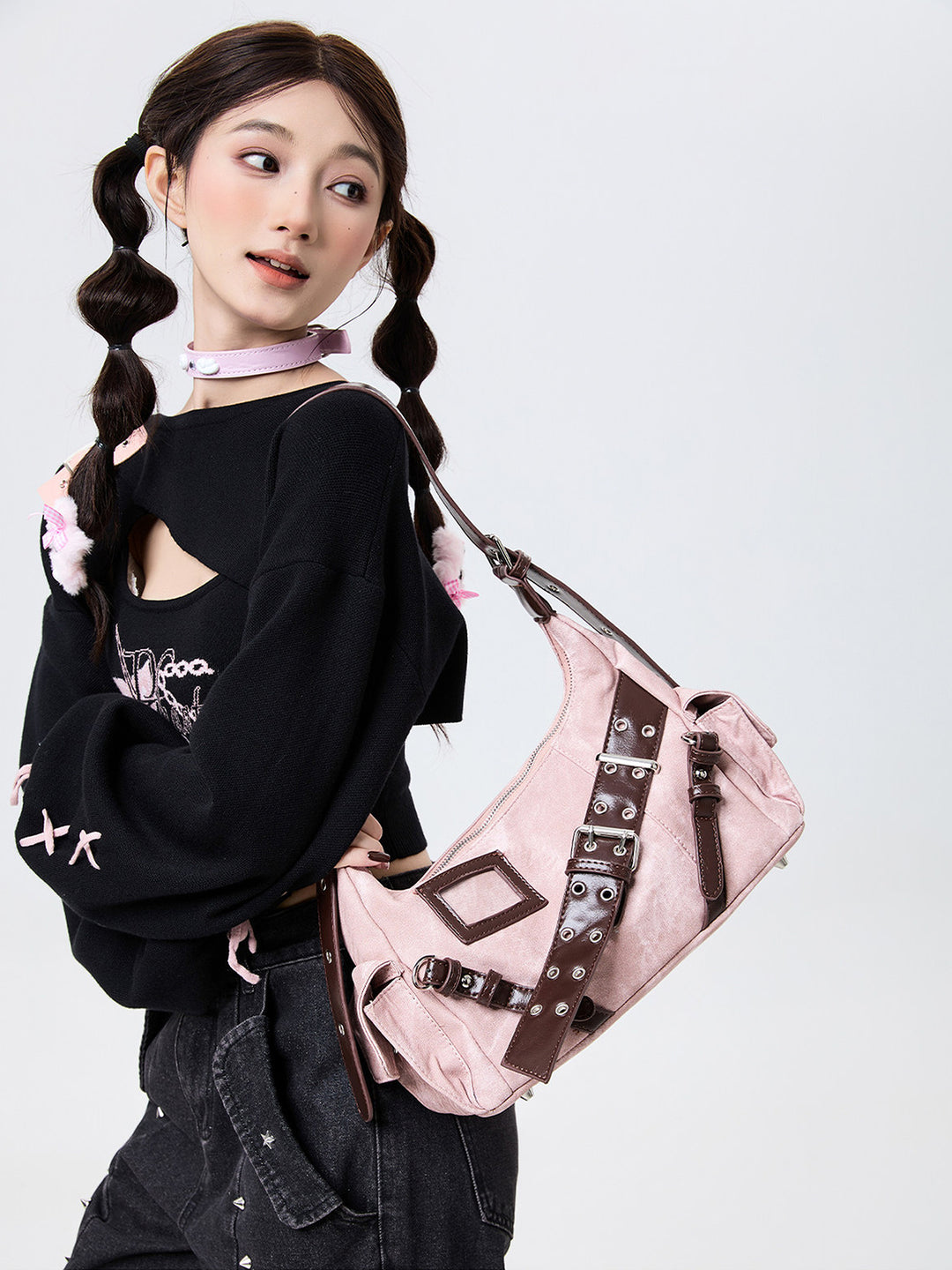 Y2K Washed-Effect Buckle Hobo Shoulder Bag