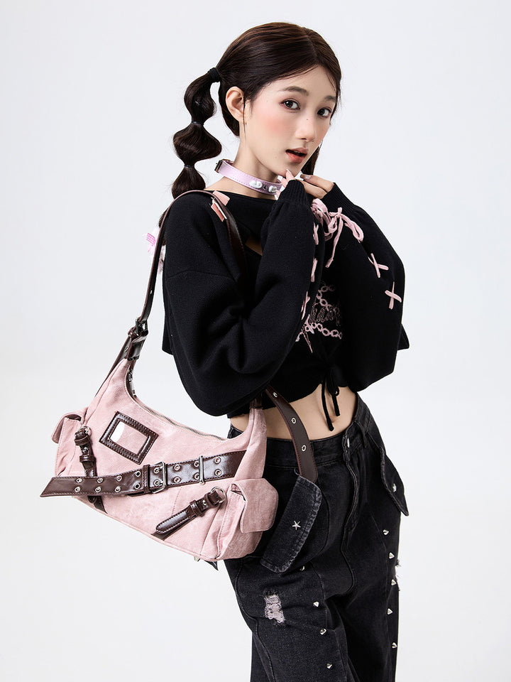 Y2K Washed-Effect Buckle Hobo Shoulder Bag