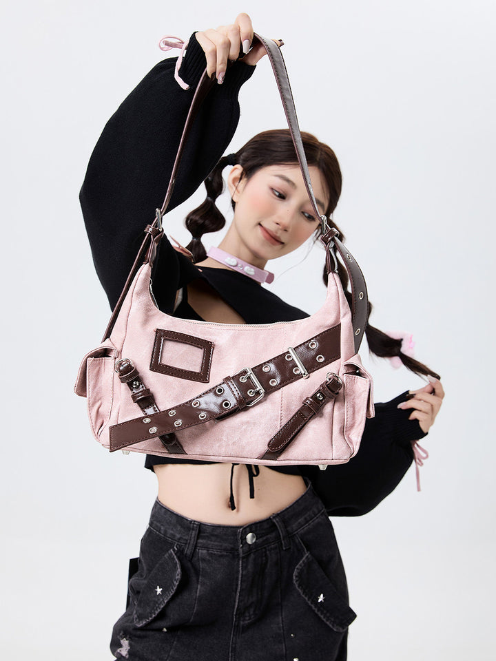 Y2K Washed-Effect Buckle Hobo Shoulder Bag