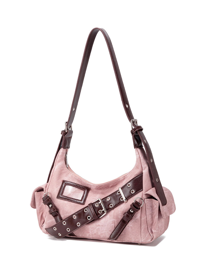 Y2K Washed-Effect Buckle Hobo Shoulder Bag