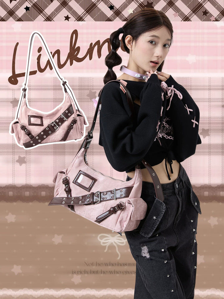 Y2K Washed-Effect Buckle Hobo Shoulder Bag