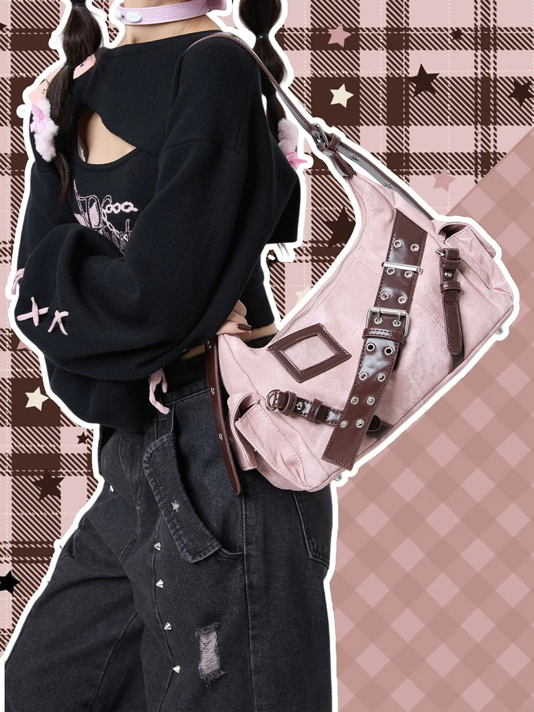 Y2K Washed-Effect Buckle Hobo Shoulder Bag