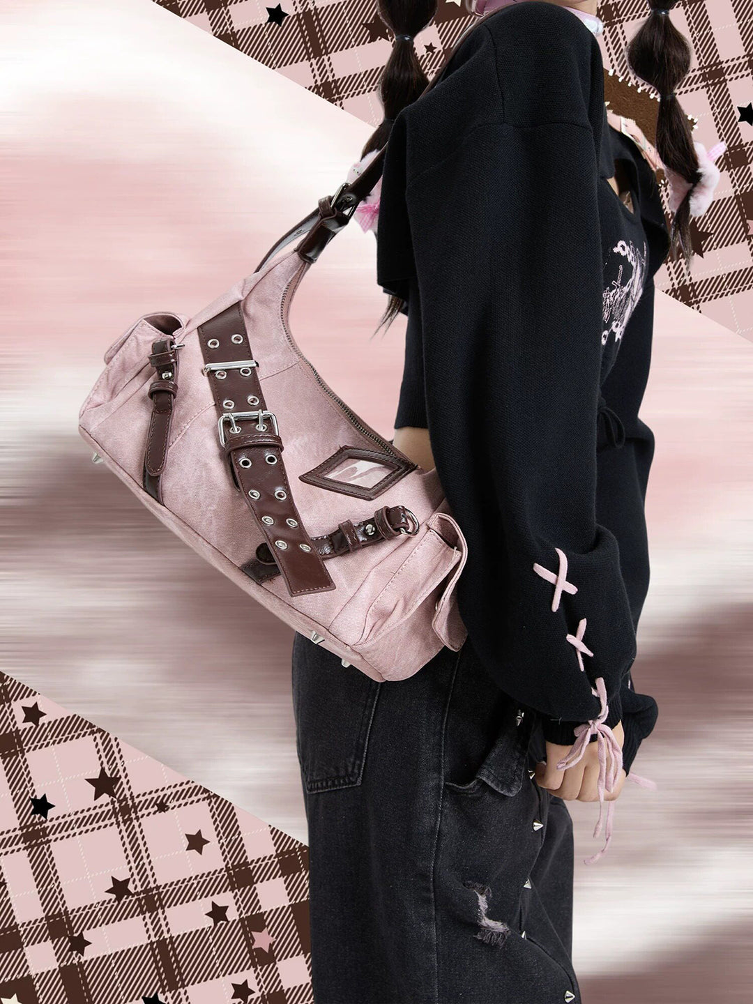 Y2K Washed-Effect Buckle Hobo Shoulder Bag
