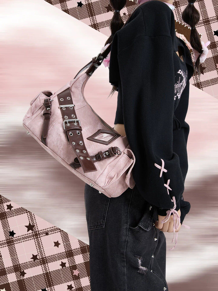 Y2K Washed-Effect Buckle Hobo Shoulder Bag