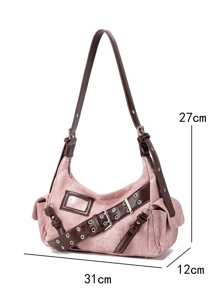 Y2K Washed-Effect Buckle Hobo Shoulder Bag