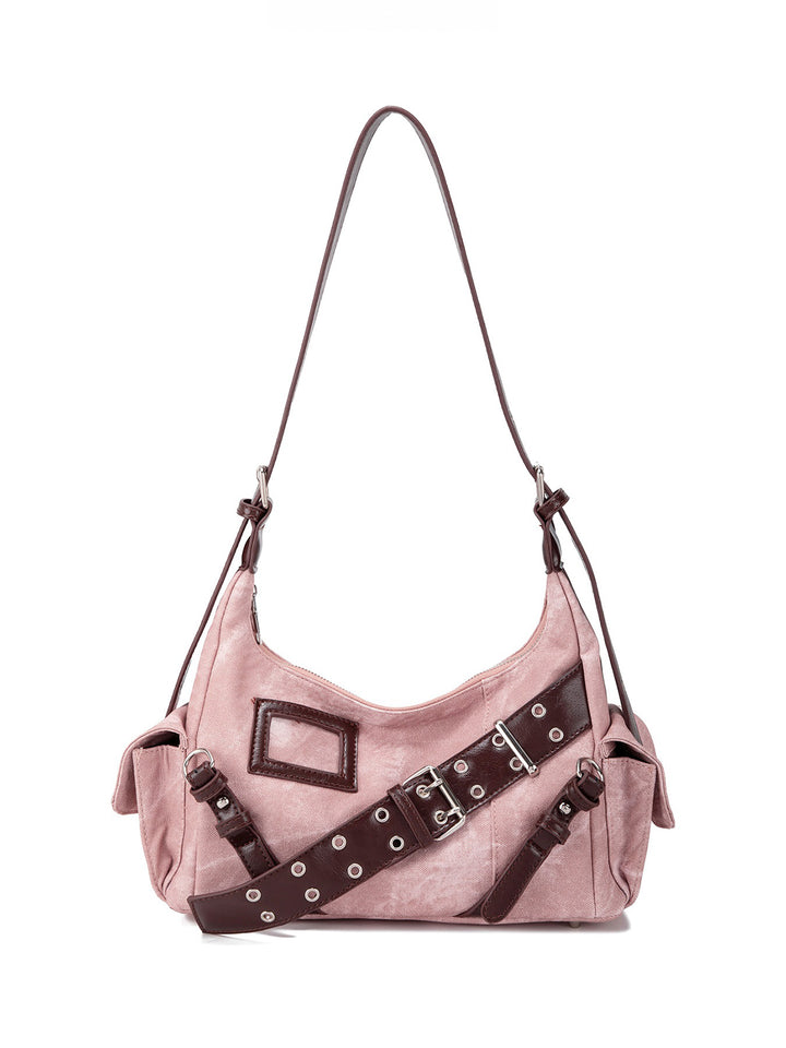 Y2K Washed-Effect Buckle Hobo Shoulder Bag