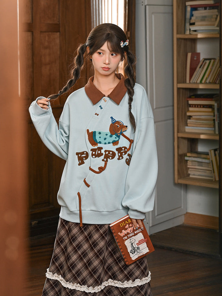 Dachshund Embroidered Collared Sweatshirt