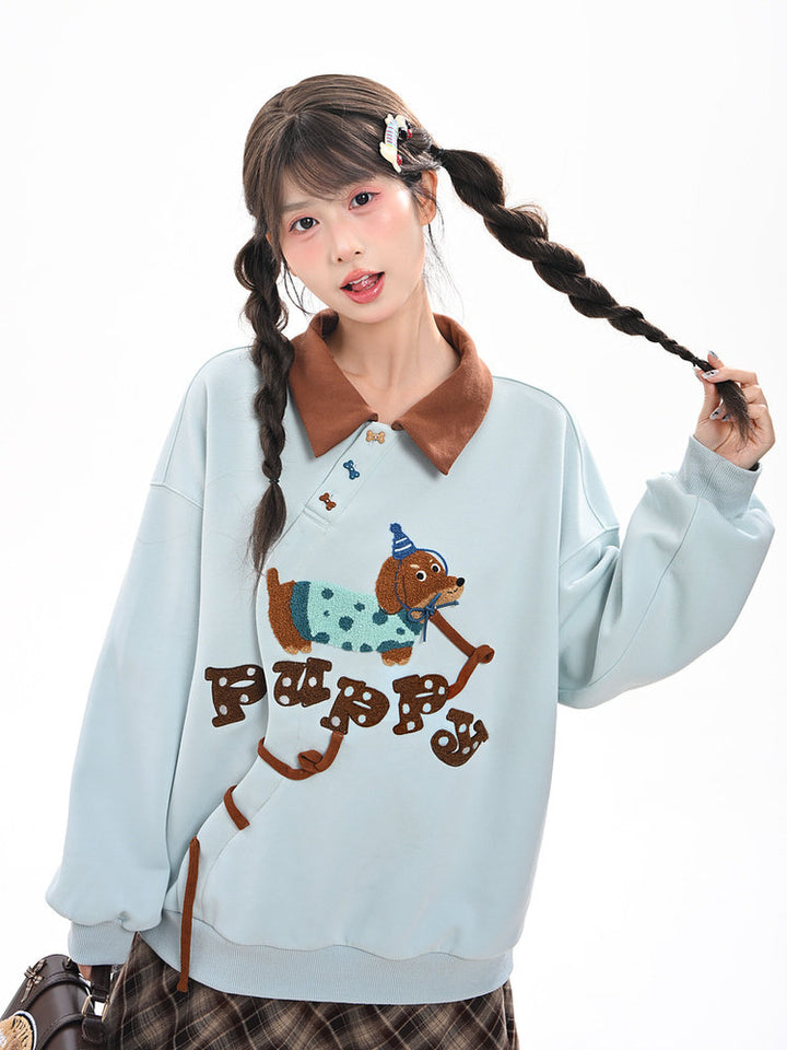 Dachshund Embroidered Collared Sweatshirt