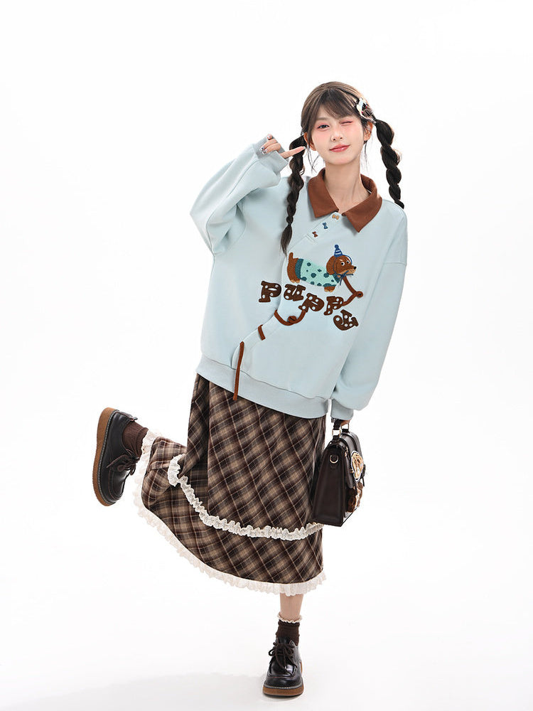 Dachshund Embroidered Collared Sweatshirt